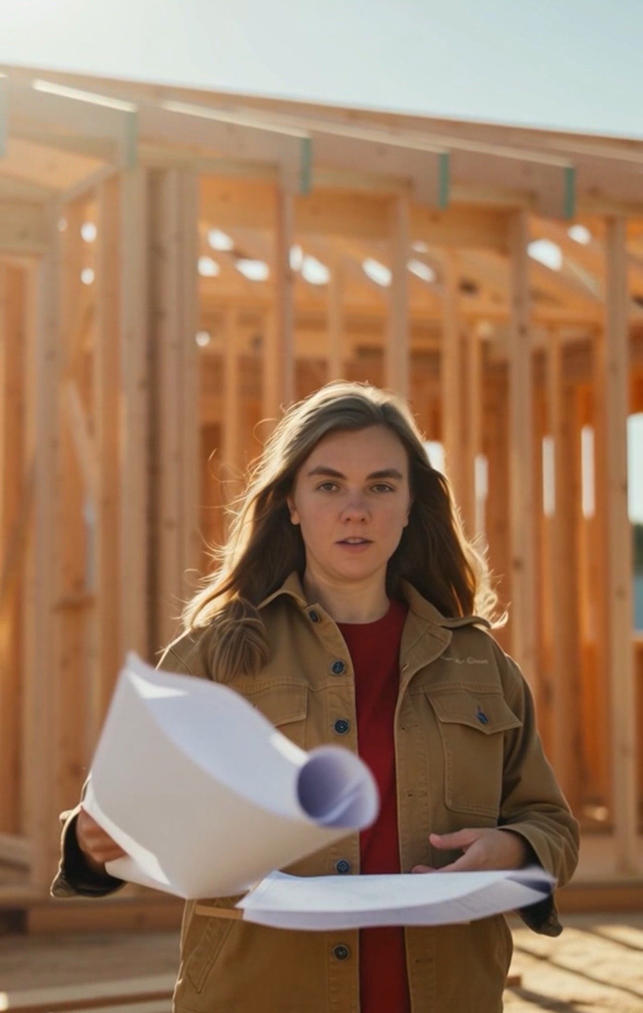 Maya Slivkov holding blueprints at a construction site