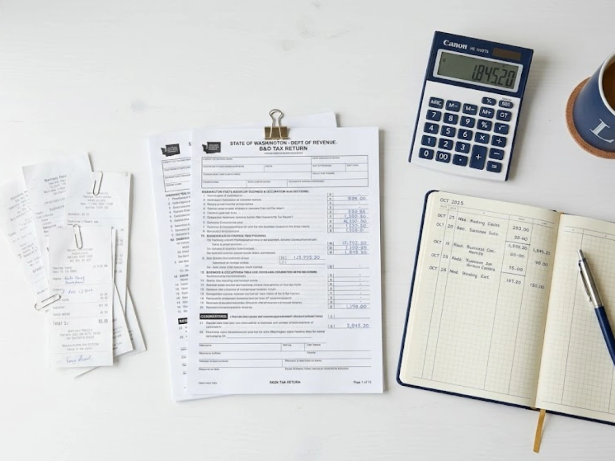 Washington State B&O tax return form, business receipts, calculator, and accounting ledger for small business bookkeeping