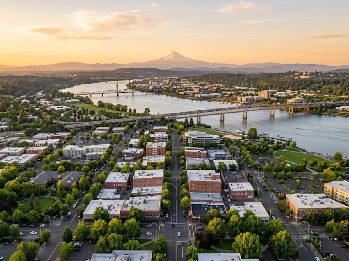 Aerial sunset view of Vancouver, WA — home of The Bookkeeping Company, serving small businesses across the Pacific Northwest