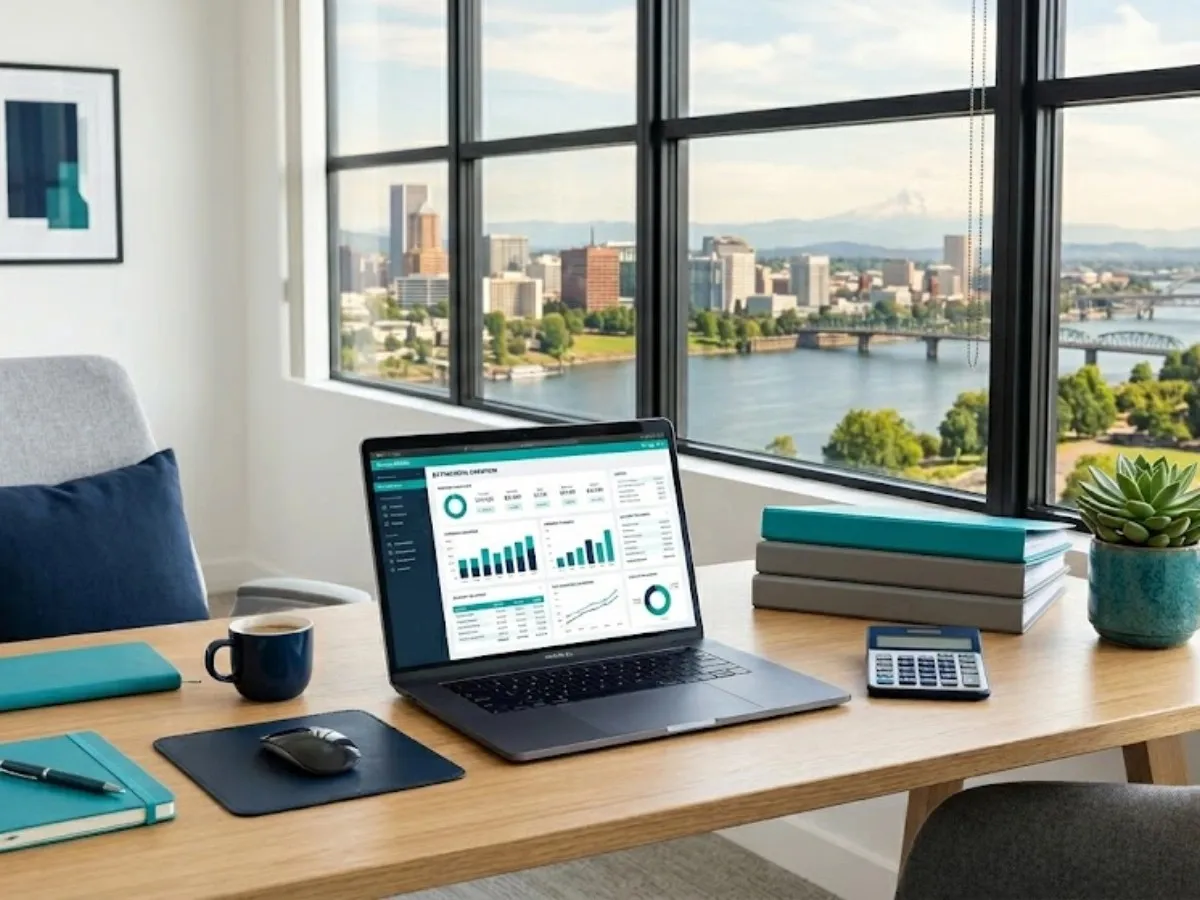 Bookkeeper reviewing financial dashboard on laptop in a modern Vancouver, WA office overlooking the Columbia River and city skyline