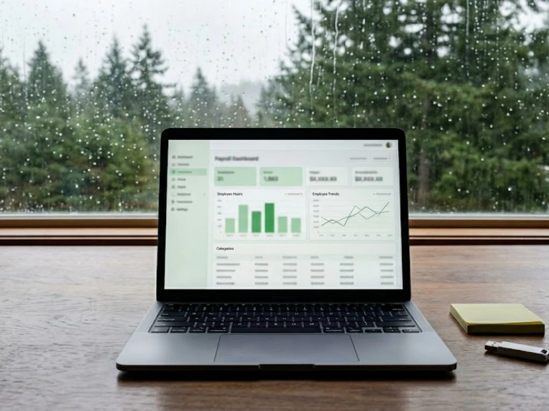Payroll processing Vancouver WA dashboard on laptop showing employee hours and trends in rainy Pacific Northwest office