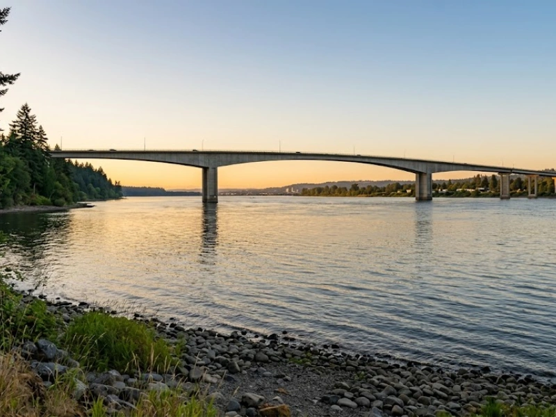 Columbia River bridge at sunset representing payroll processing Vancouver WA Oregon border complexity for Clark County businesses