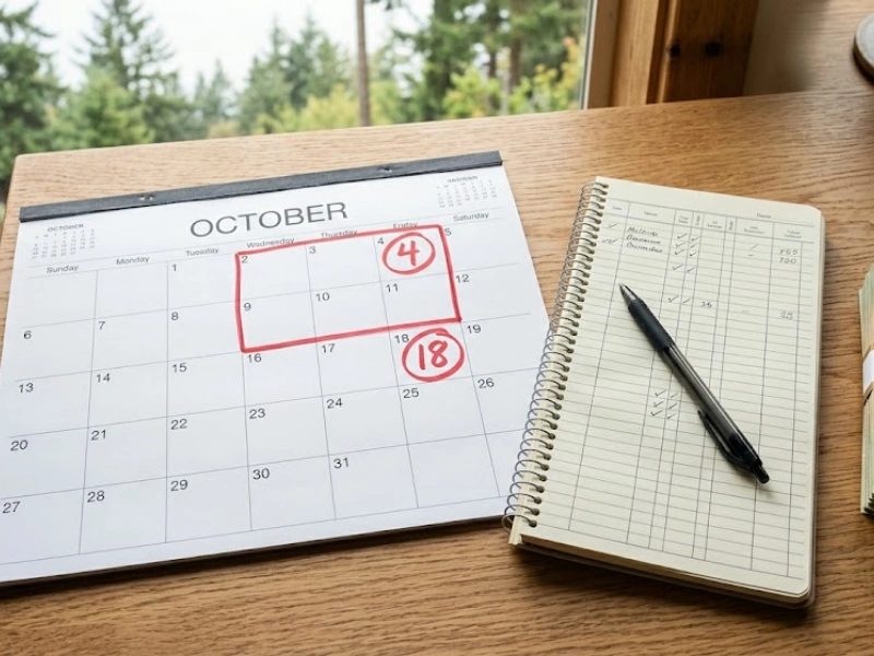 October calendar with circled payroll processing Vancouver WA deadlines and employee ledger on Pacific Northwest desk
