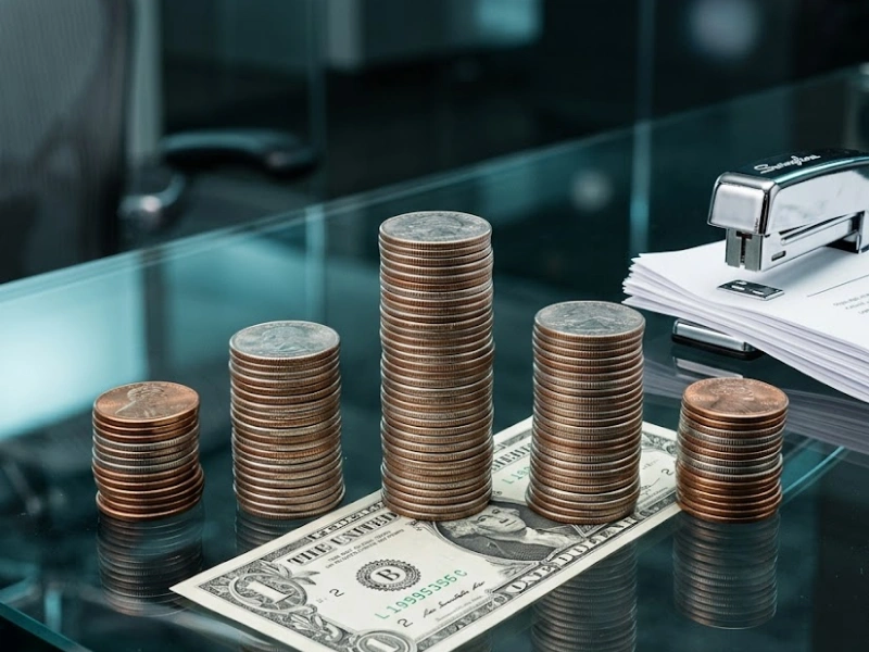 Stacked coins on glass desk representing payroll services Vancouver WA cost ranges for Clark County small businesses