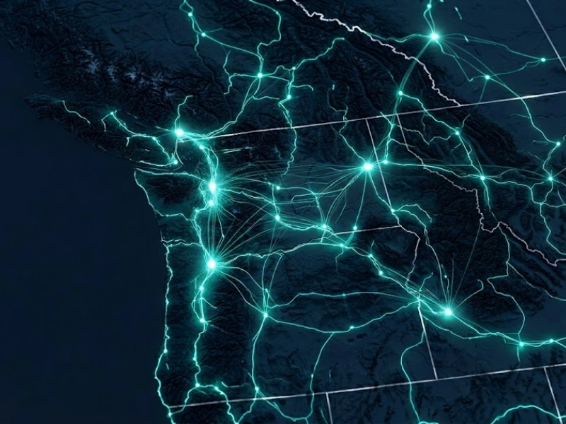 Digital network map of Pacific Northwest showing QuickBooks bookkeeping Vancouver WA remote service area across Clark County