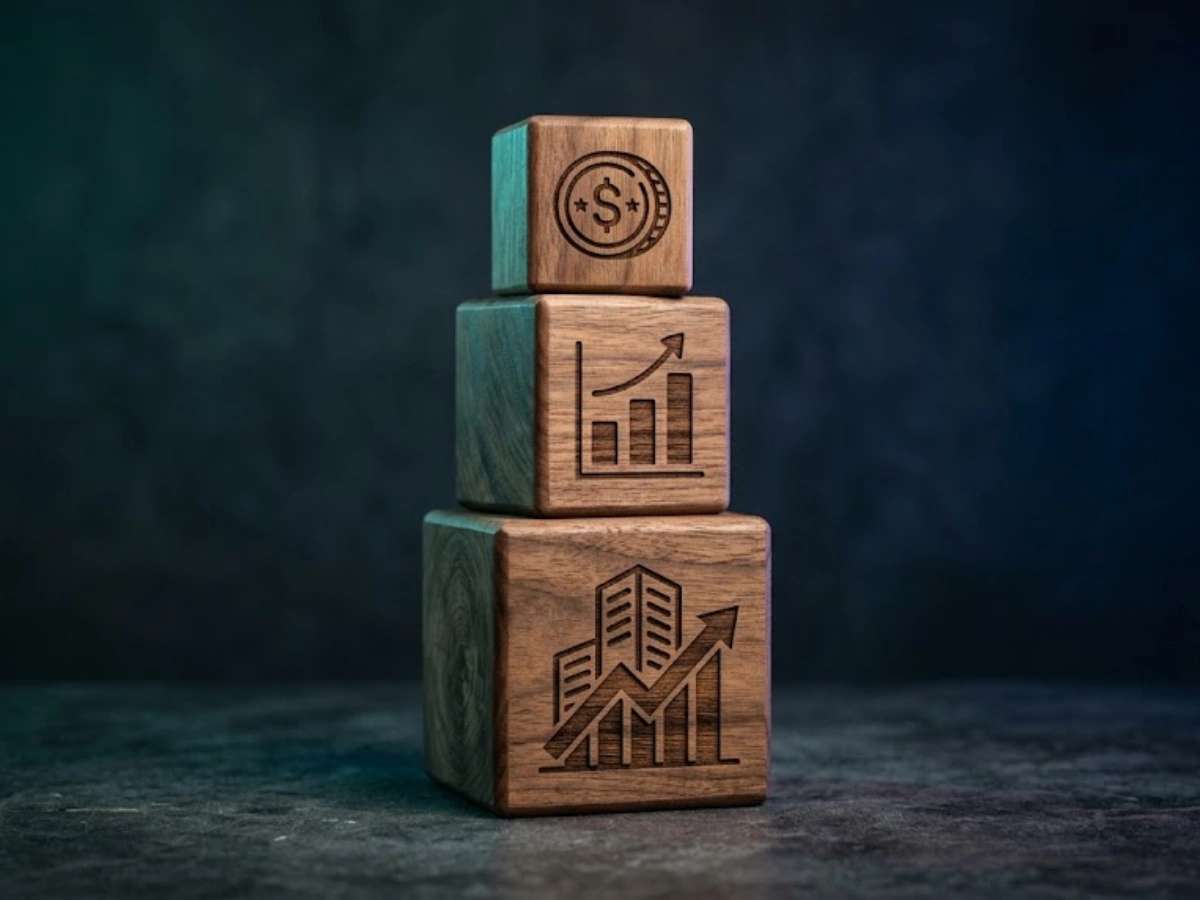 Stacked wooden blocks with business growth icons illustrating small business bookkeeping Vancouver WA stages