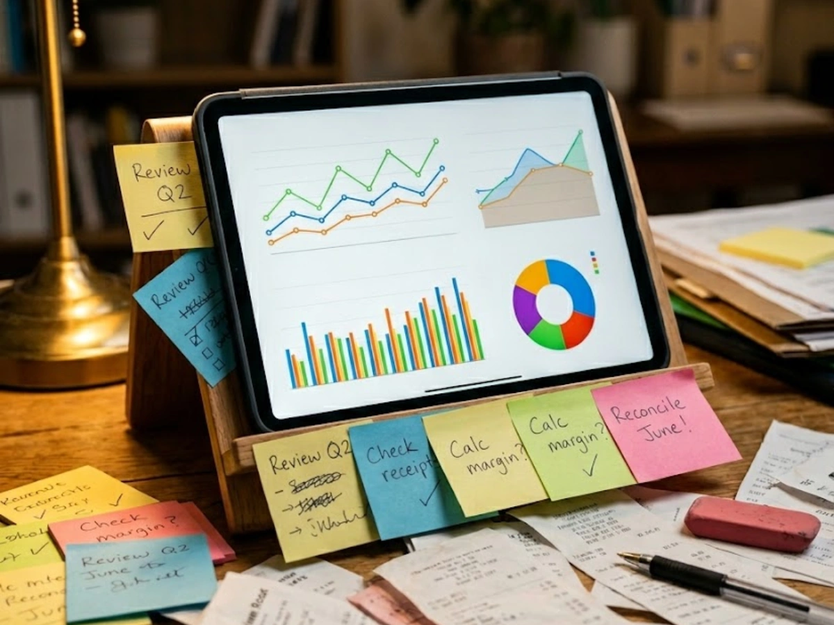Tablet with financial charts and sticky notes showing DIY small business bookkeeping Vancouver WA overwhelm
