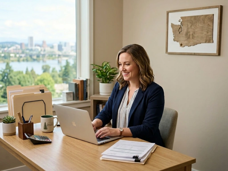 Bookkeeper processing small business payroll Vancouver WA on laptop in office with Washington State map and Columbia River view