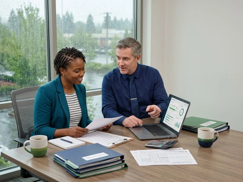 Clark County bookkeeper and small business owner reviewing small business payroll Vancouver WA reports in rainy PNW office