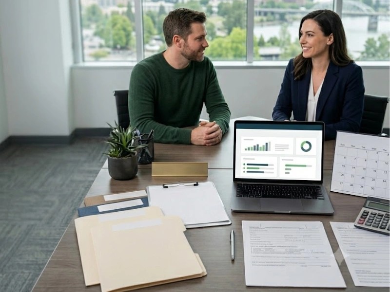 Small business owner reviewing small business payroll Vancouver WA options with bookkeeper and financial charts on laptop