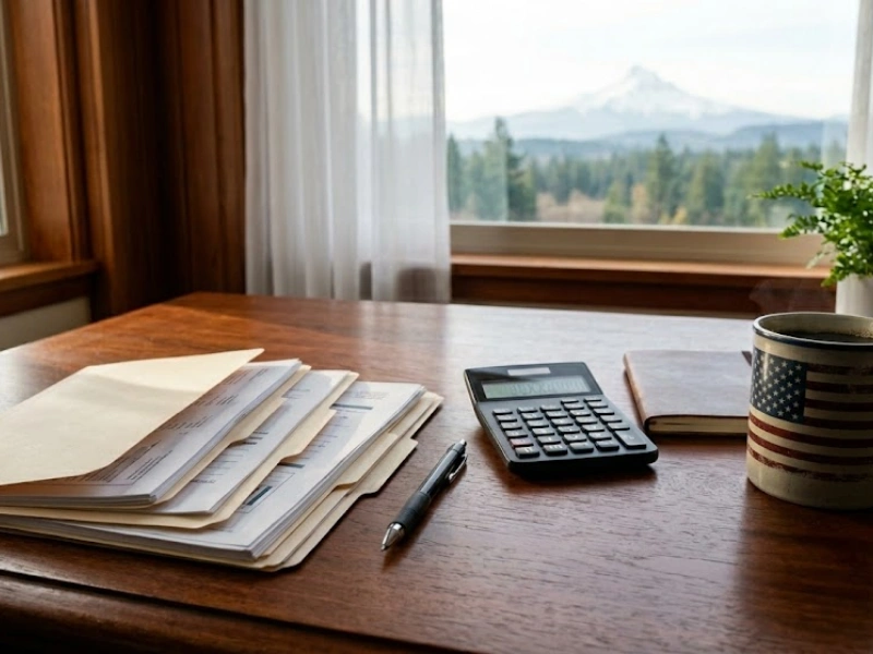 Tax documents, calculator, and pen on Pacific Northwest desk with Mount Hood view for tax preparation Vancouver WA