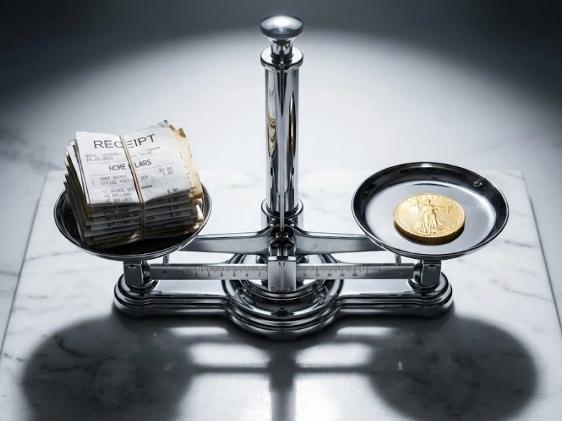 Balance scale weighing business receipts against gold coin representing deduction value in business tax preparation Vancouver WA