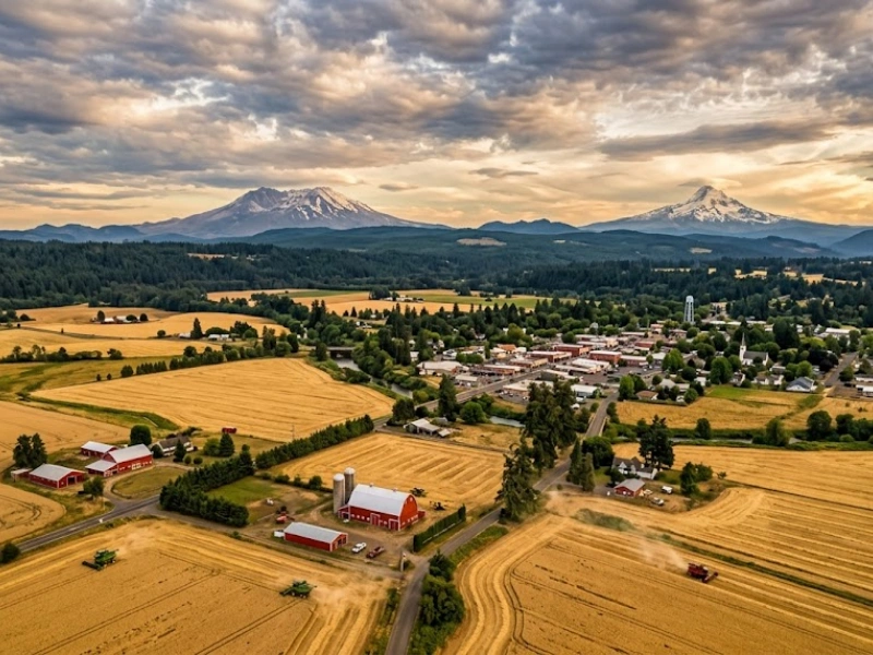 Aerial view of Battle Ground WA farmland and town with Mount St. Helens and Mount Hood representing agricultural business tax preparation Vancouver WA