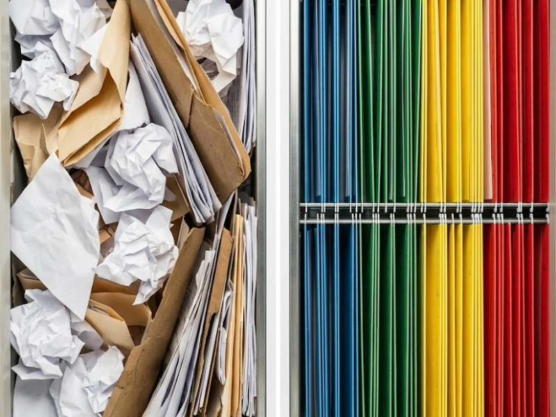Disorganized crumpled documents beside color-coded folders showing before and after catch up bookkeeping Seattle transformation