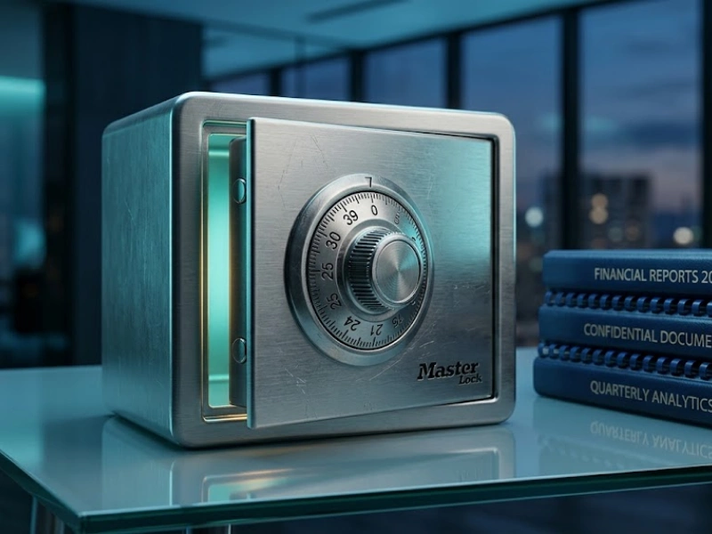 Secure office safe beside financial reports and quarterly analytics binders representing catch up bookkeeping Seattle document security