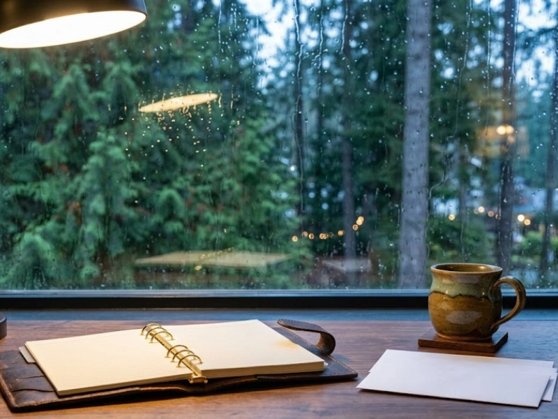 Open planner on rainy Pacific Northwest desk with evergreen view for individual tax preparation Vancouver WA year-round planning