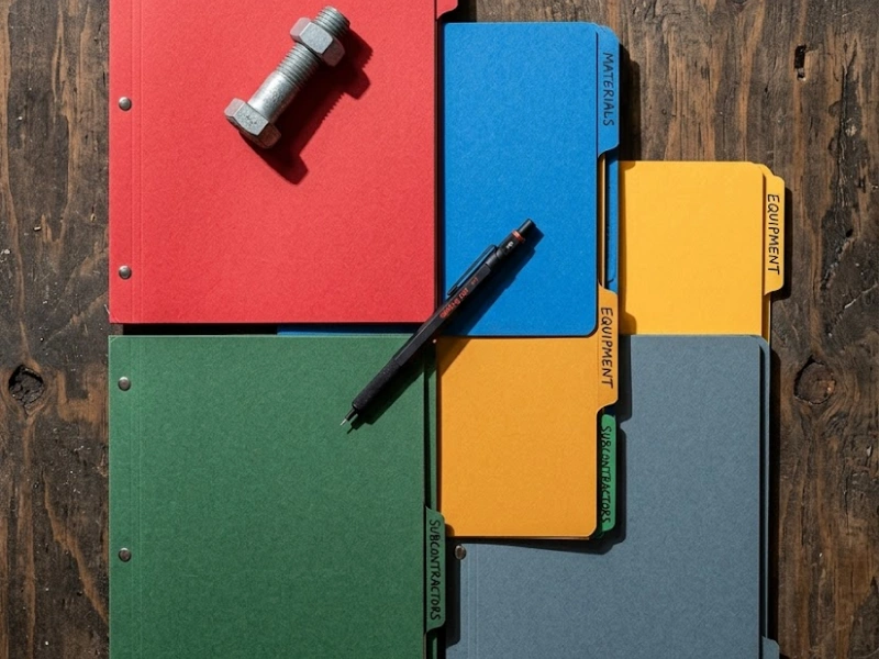Materials, equipment, and subcontractor job cost folders for bookkeeping for construction companies