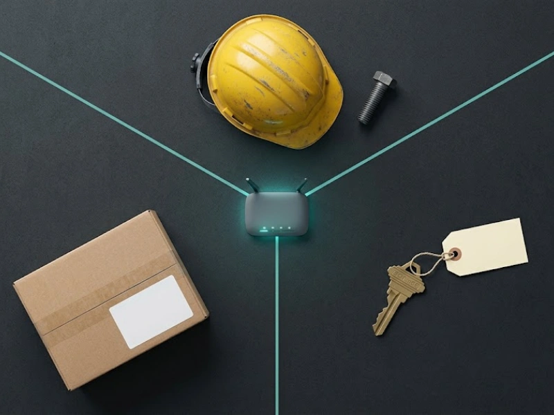 Hard hat, ecommerce package, and keys connected remotely representing bookkeeping for construction companies and small businesses