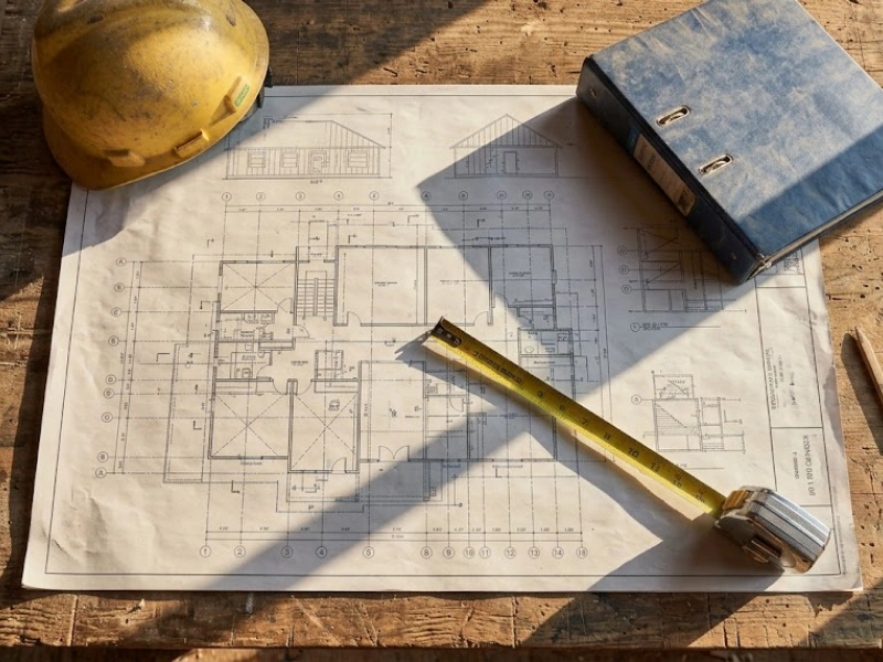 Construction blueprints and hard hat representing job costing in bookkeeping for construction companies