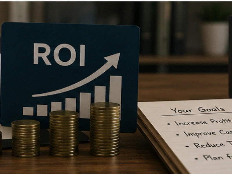ROI growth chart with stacked coins and profit goals representing business consulting in Vancouver, WA