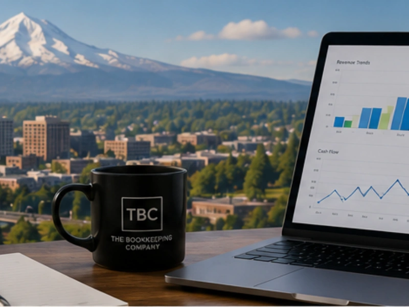 The Bookkeeping Company revenue and cash flow dashboard with Vancouver WA skyline for business consulting in Vancouver, WA