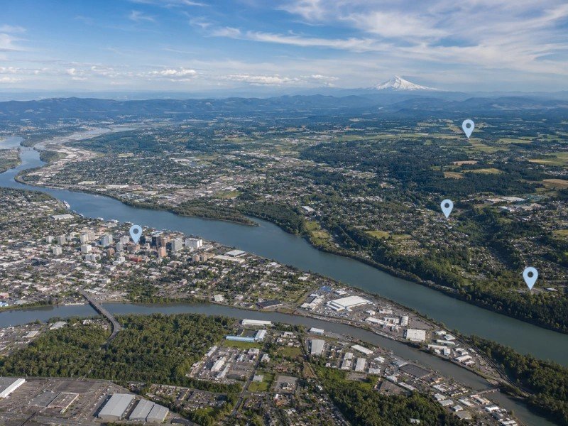 Aerial map of Clark County with location pins representing CFO services in Vancouver WA service area