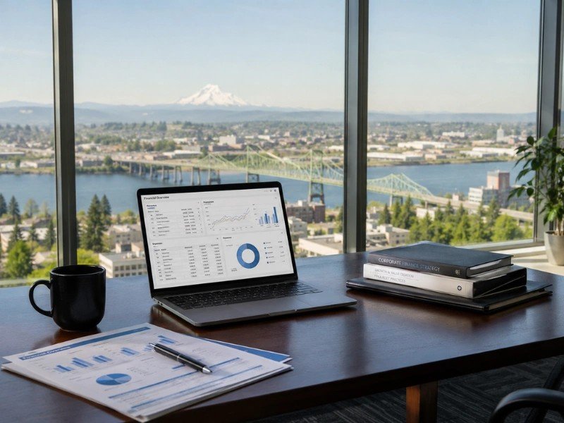 Financial overview dashboard with Vancouver WA Columbia River bridge view for CFO services in Vancouver WA