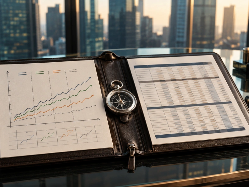 Financial growth charts and compass representing fractional CFO services for small business strategy