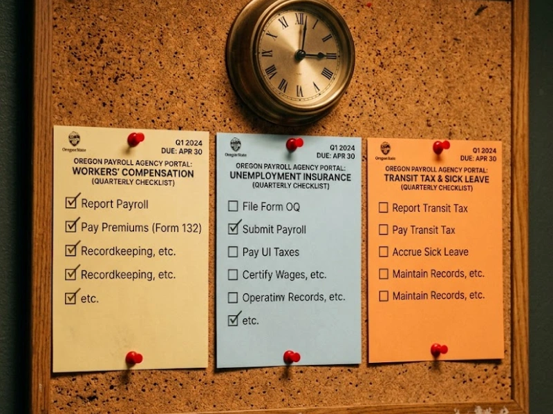 Oregon payroll agency quarterly checklists on cork board for Payroll Services in Oregon