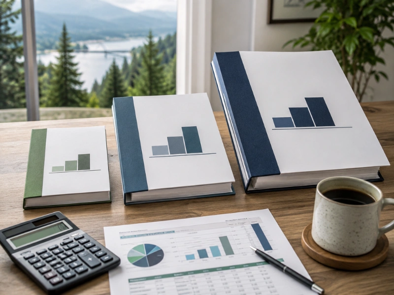 Three financial report binders with Pacific Northwest view representing QuickBooks Consulting in Oregon