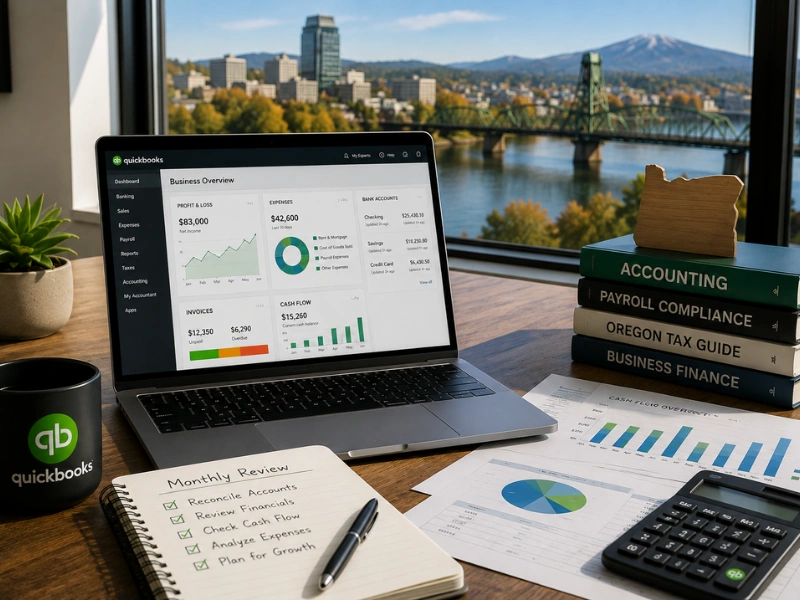 QuickBooks business overview dashboard with Portland skyline and Oregon tax guides for QuickBooks Consulting in Oregon