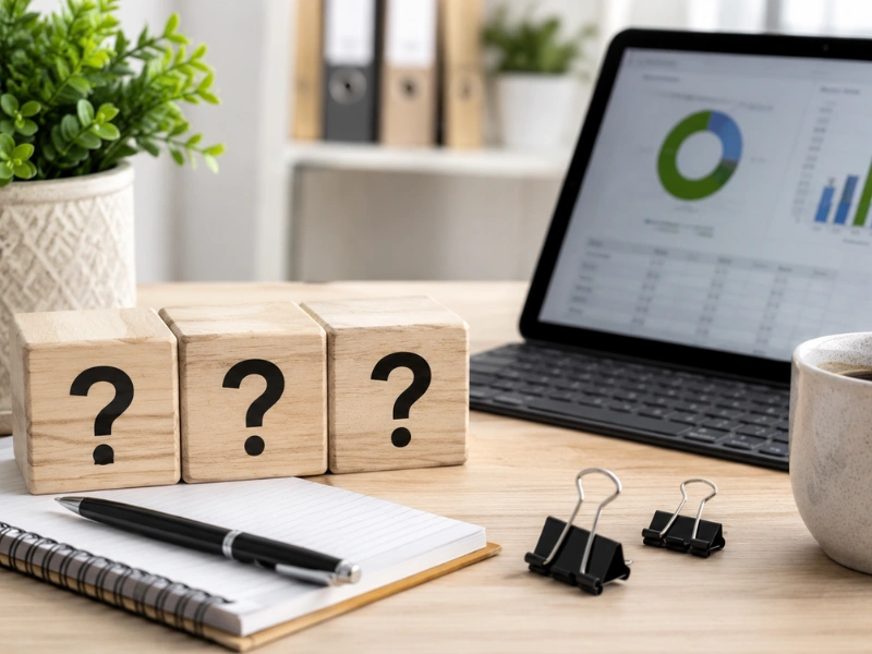 Question mark blocks beside financial dashboard representing QuickBooks consulting in Vancouver WA