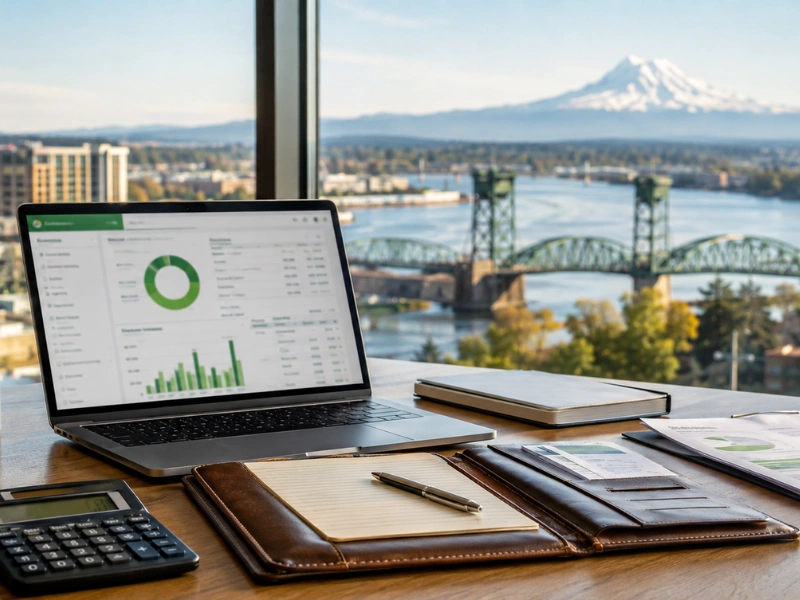 QuickBooks dashboard on laptop with Vancouver WA Columbia River view for QuickBooks consulting in Vancouver WA