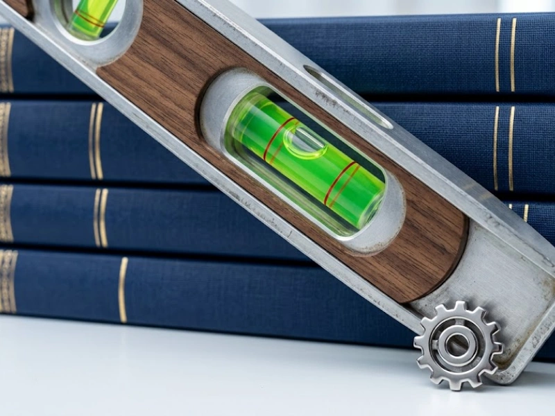 Spirit level and gear against accounting books representing precision in QuickBooks Online setup and cleanup