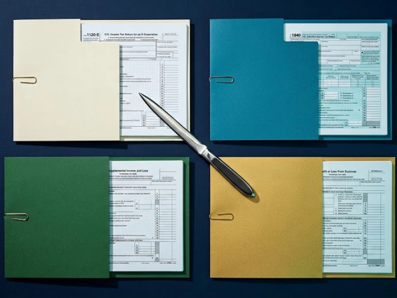 Form 1120-S, 1040, Schedule E, and Schedule C folders for S-corp tax preparation services