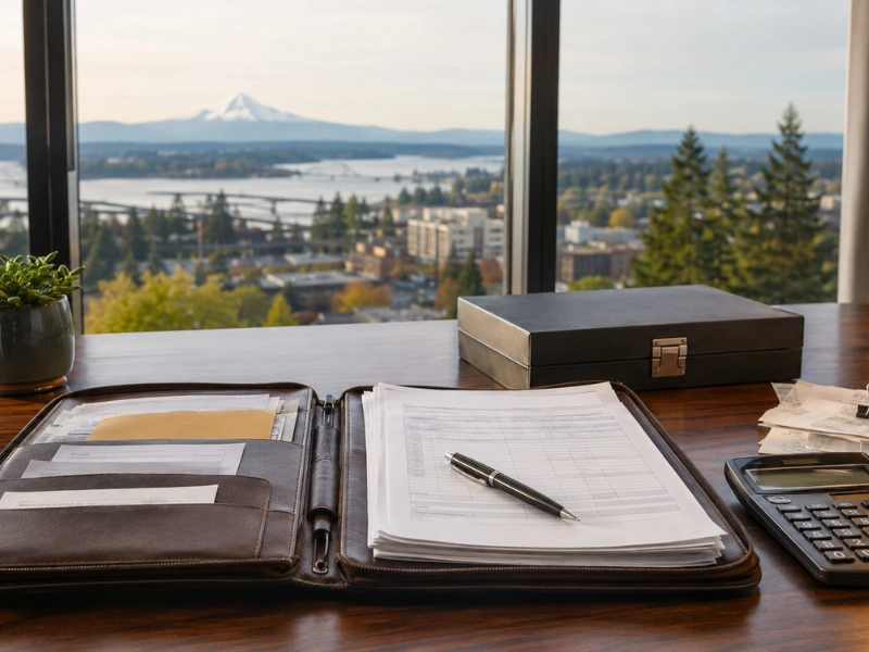 Tax documents in leather portfolio for tax preparation services in Vancouver WA with Mount Hood view
