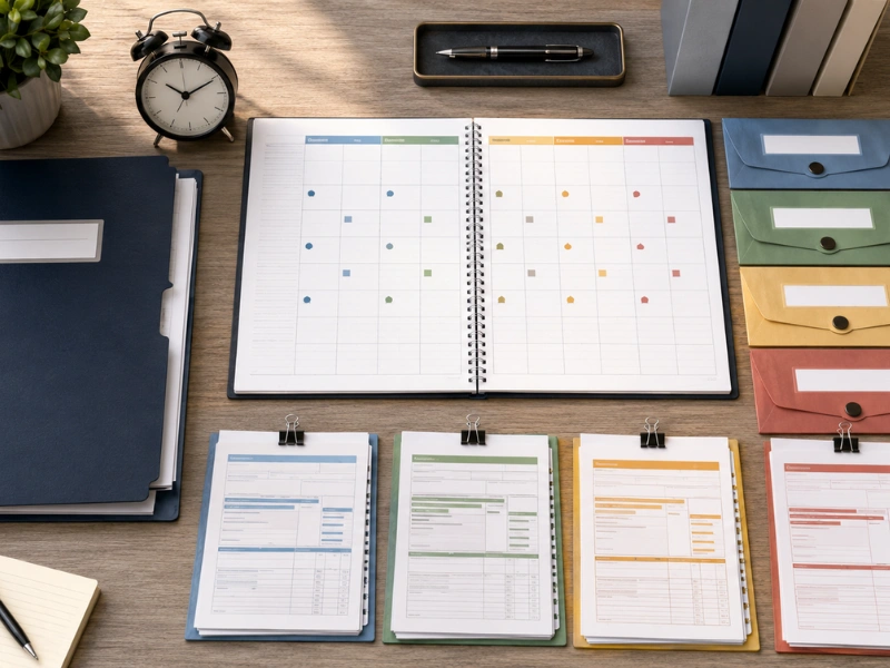 Multi-entity tax filing calendar and colored return clipboards for tax preparation services in Vancouver WA