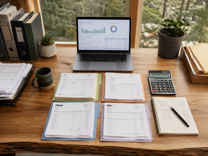 Colored client folders with financial statements and dashboard laptop for bookkeeping services near me