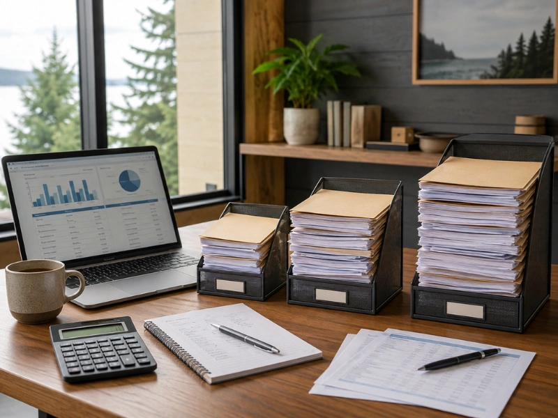 Three-tier document trays with financial dashboard laptop in Pacific Northwest office for bookkeeping services near me
