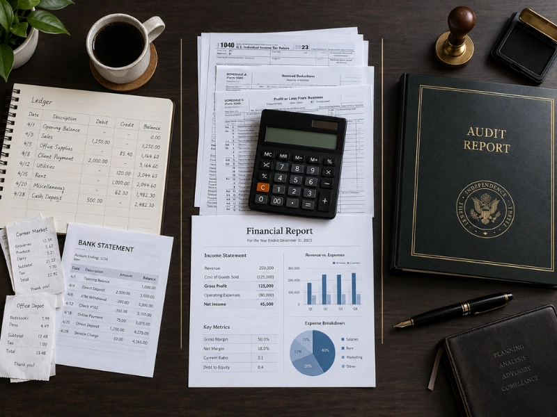 Form 1040, ledger, bank statement, and audit report representing accountant near me services