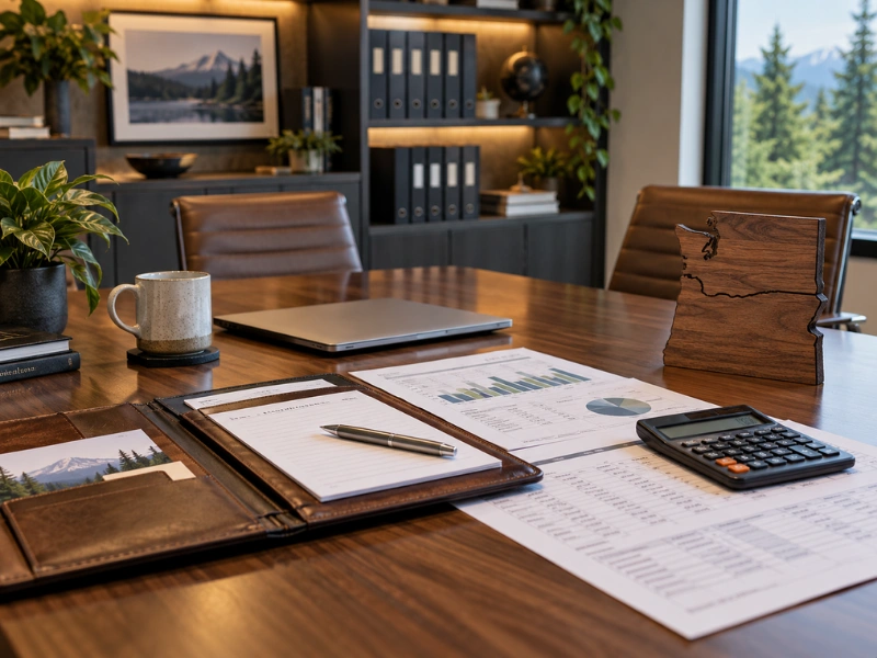 Financial reports and Washington State cutout on Pacific Northwest office desk for accountant near me
