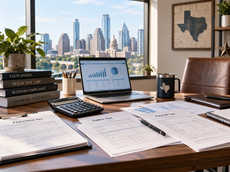 Texas franchise tax, sales tax, and payroll tax documents for accountant services with Austin skyline