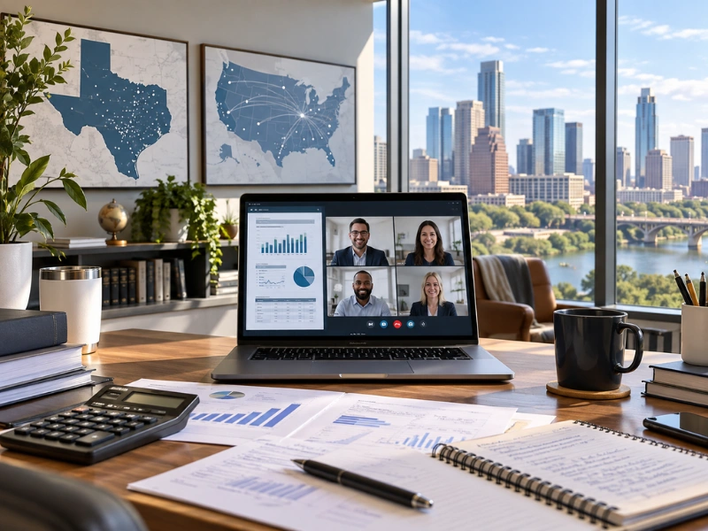 Remote accountant services video call with Texas map and Austin skyline in background