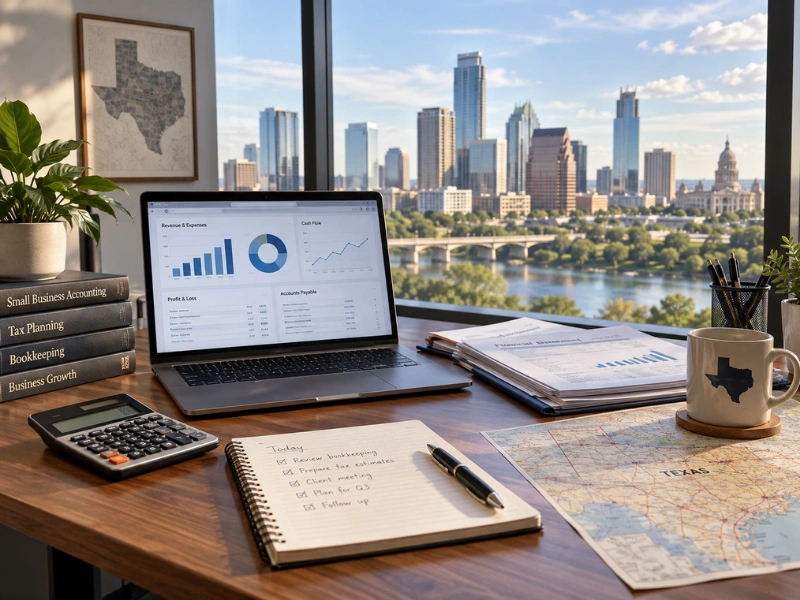 Financial dashboard, Texas road map, and bookkeeping checklist for remote accountant services