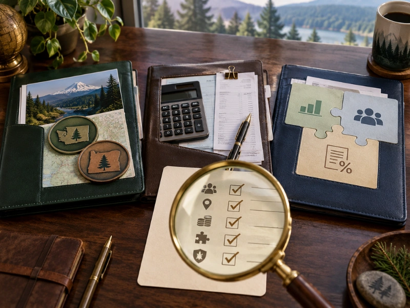 Washington Oregon state coins and accounting checklist with magnifying glass for accounting firms near me