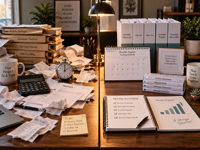 Disorganized receipts versus organized monthly financials binders representing accounting firms near me