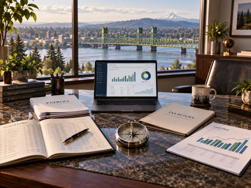 General ledger, payroll, tax return, and cash flow dashboard with Columbia River bridge for accounting firms near me