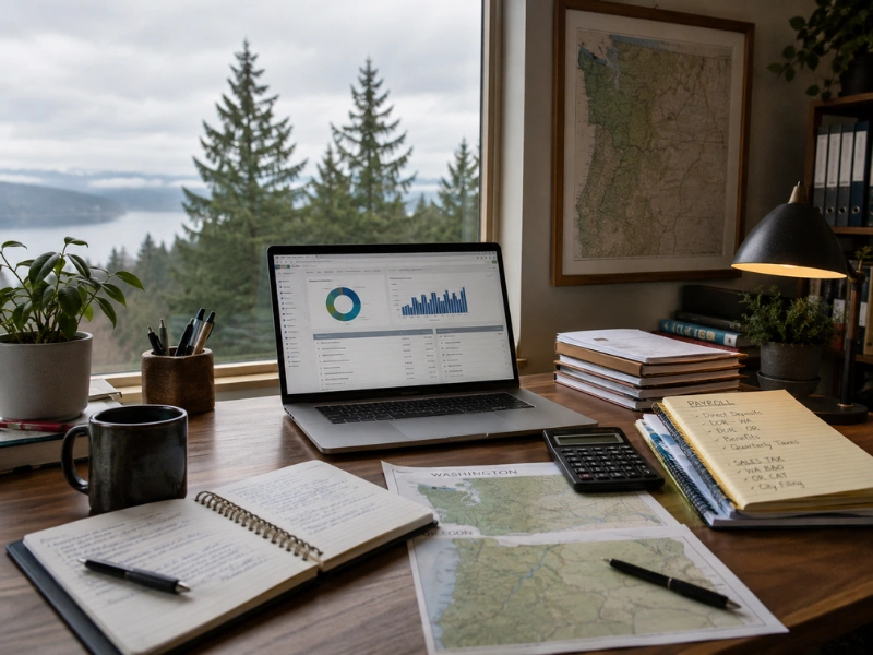 Bookkeeping desk with Washington Oregon maps and payroll tax notes for bookkeeping services near me