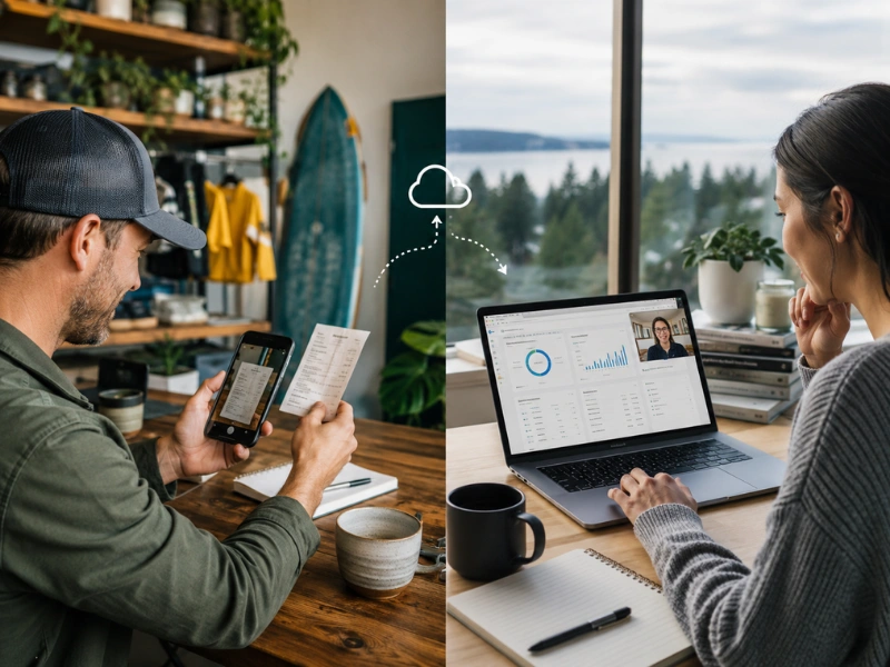 Bookkeeper reviewing financial dashboard with Pacific Northwest skyline for bookkeeping services near me