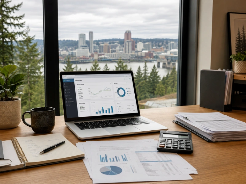 Bookkeeping dashboard on laptop with Vancouver WA skyline and Columbia River for bookkeeping services near me